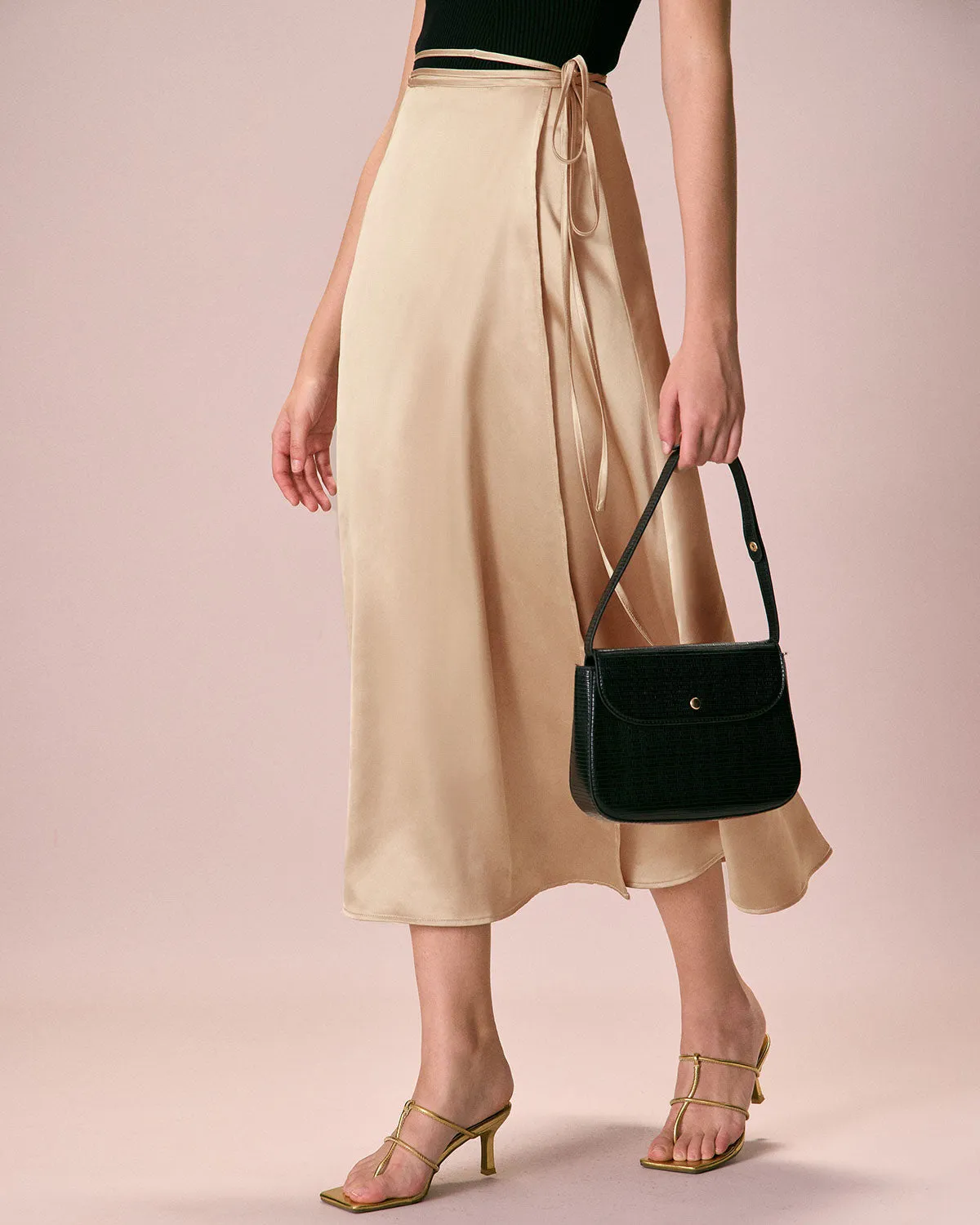 The Khaki Satin Lace-Up Wrap Midi Skirt sold by rihoas product image thumbnail 2