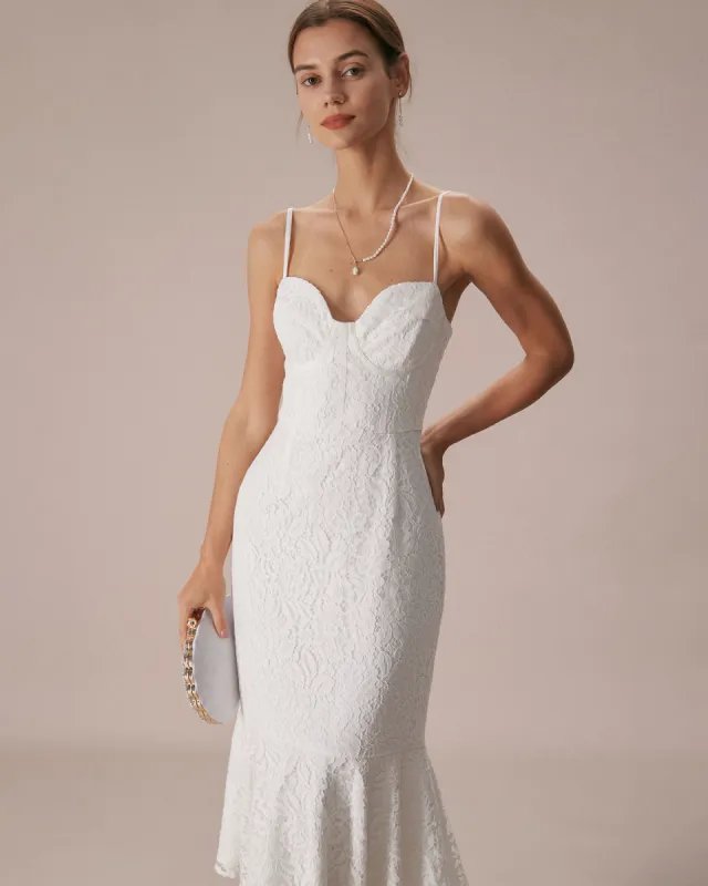 The White Lace Ruffle Slip Mermaid Midi Dress sold by rihoas
