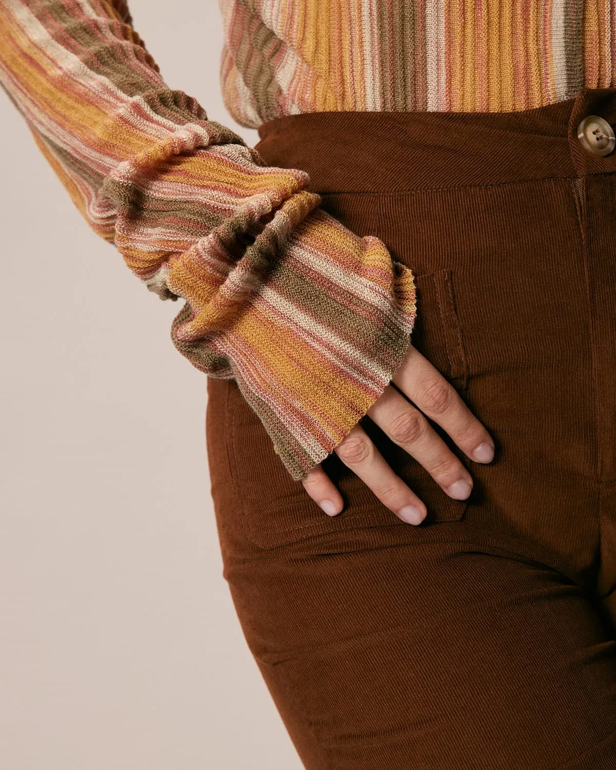 The Brown High Waisted Pockets Flare Pants sold by rihoas product image thumbnail 4