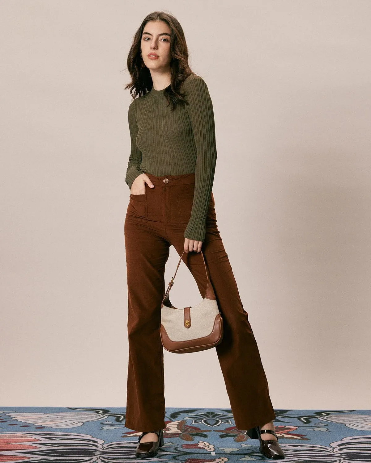 The Brown High Waisted Pockets Flare Pants sold by rihoas product image thumbnail 2