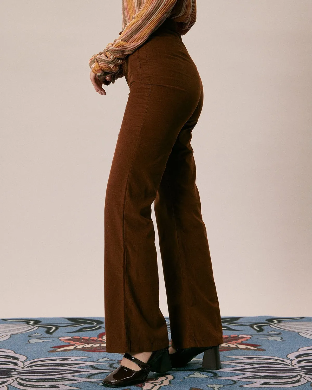 The Brown High Waisted Pockets Flare Pants sold by rihoas product image thumbnail 3