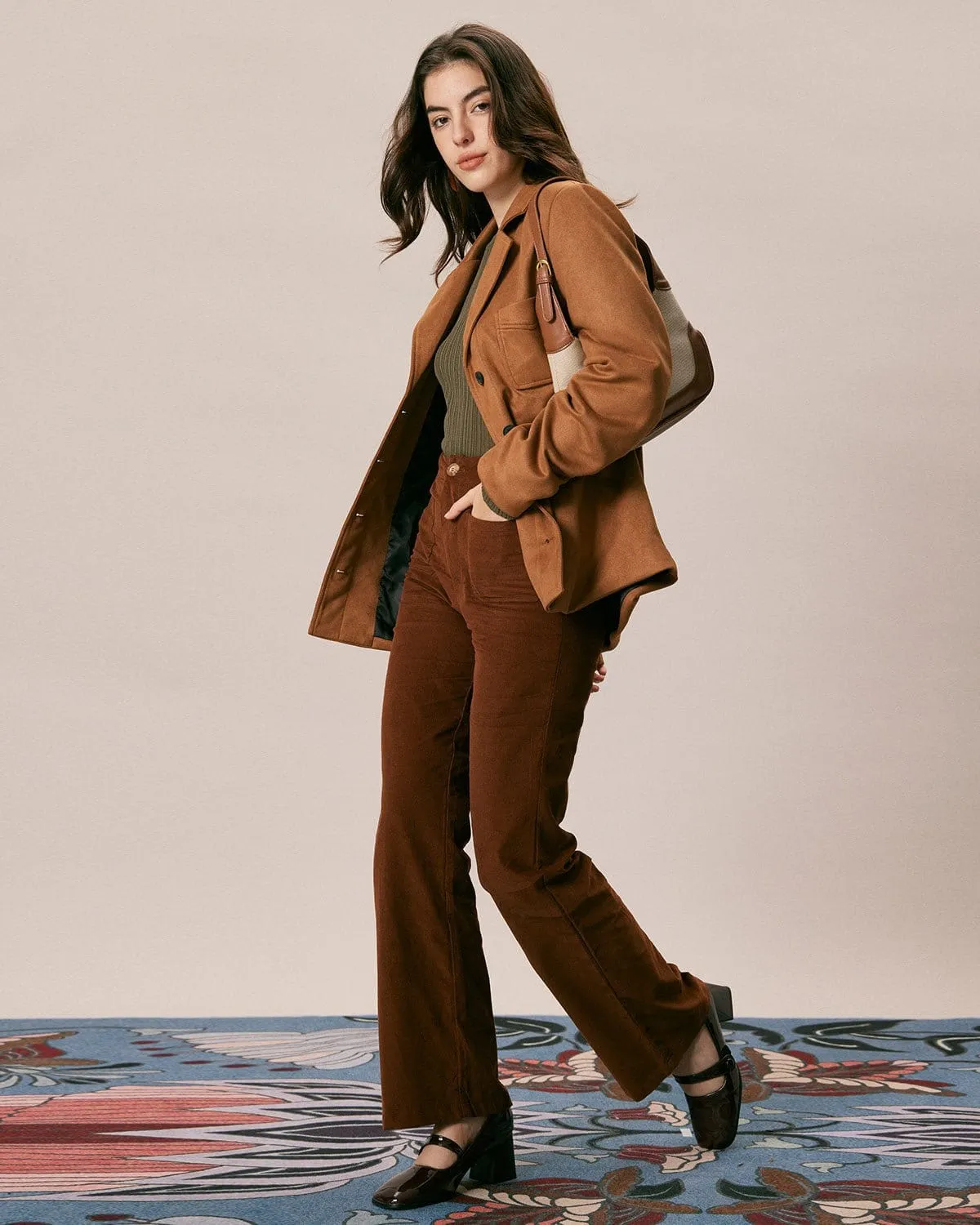 The Brown High Waisted Pockets Flare Pants sold by rihoas product image thumbnail 5