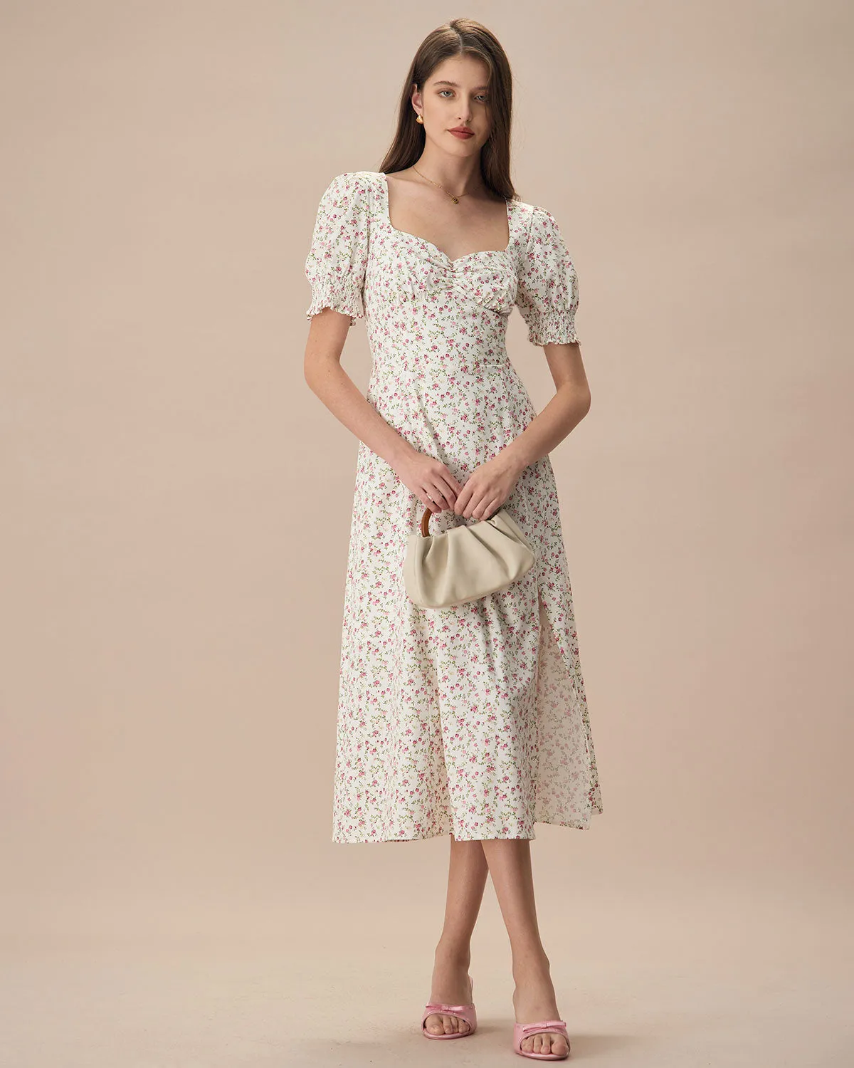 The Beige Sweetheart Neck Puff Sleeve Floral Midi Dress sold by rihoas product image thumbnail 3
