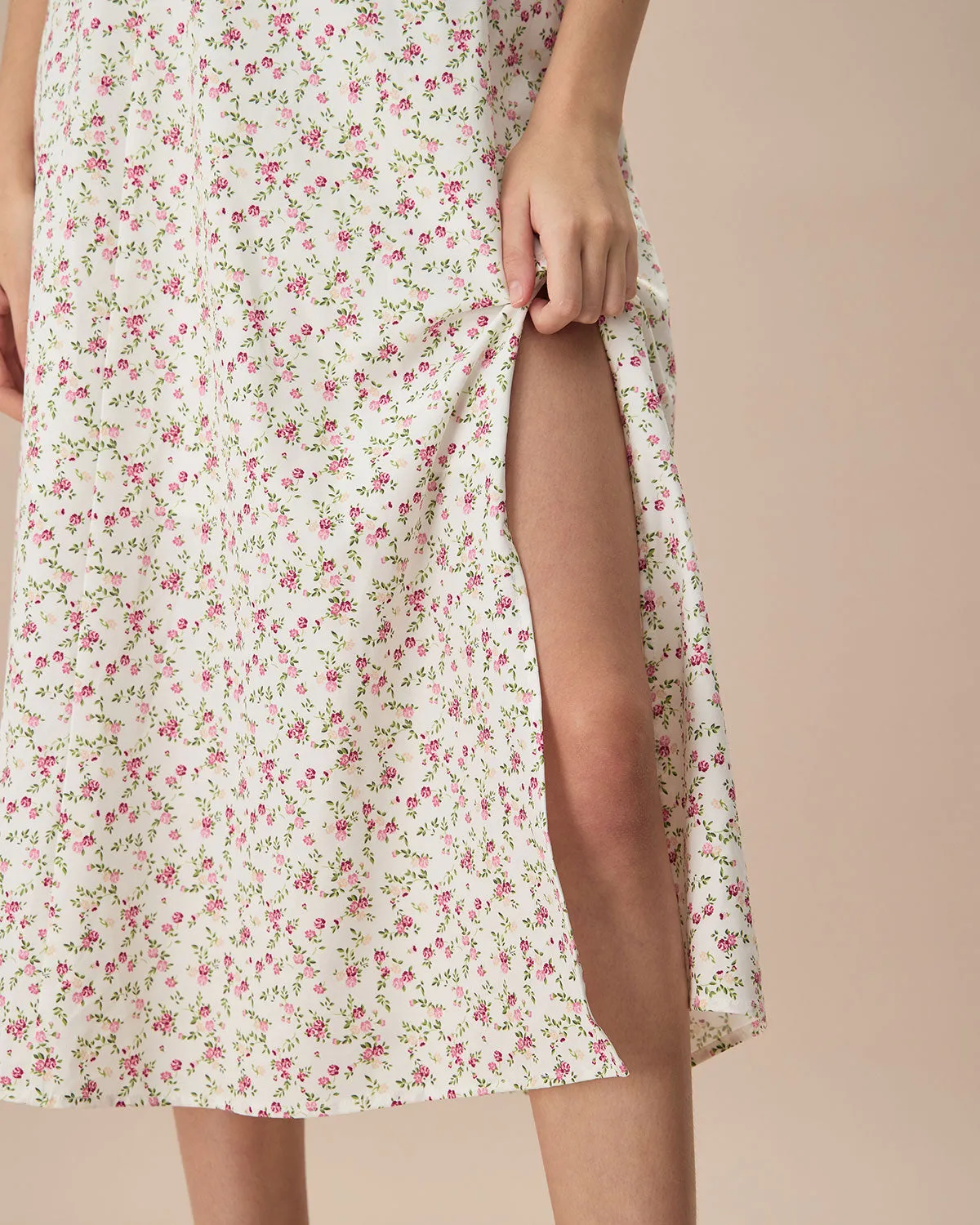 The Beige Sweetheart Neck Puff Sleeve Floral Midi Dress sold by rihoas product image thumbnail 4