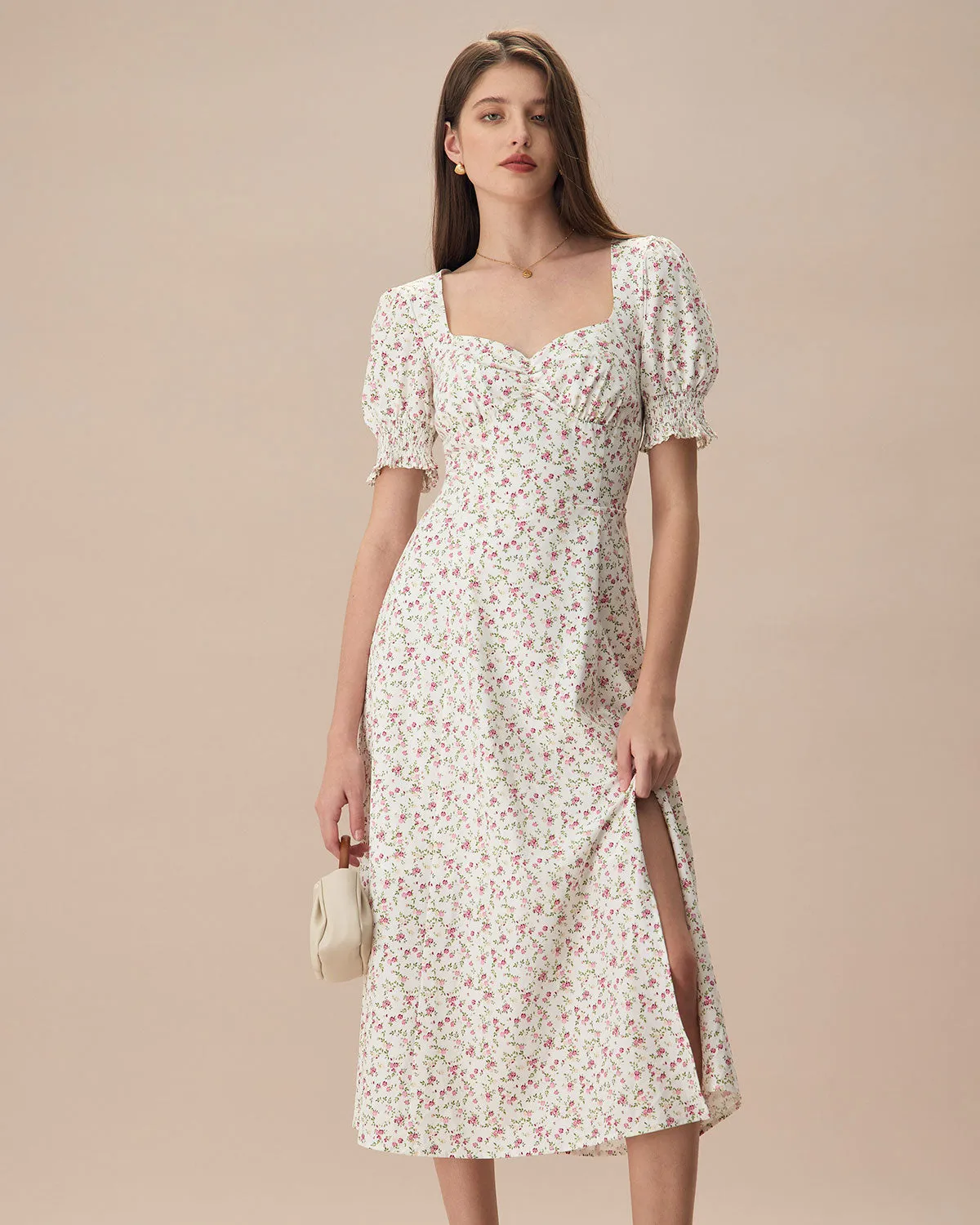 The Beige Sweetheart Neck Puff Sleeve Floral Midi Dress sold by rihoas