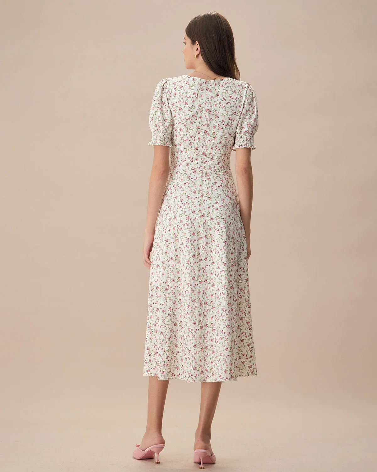The Beige Sweetheart Neck Puff Sleeve Floral Midi Dress sold by rihoas product image thumbnail 5