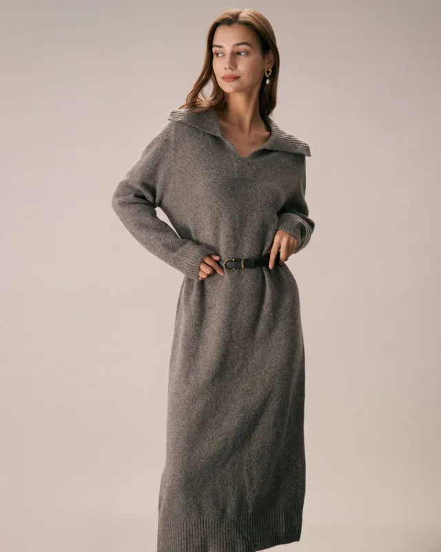 The Camel Turn-down Collar Knit Midi Dress sold by rihoas