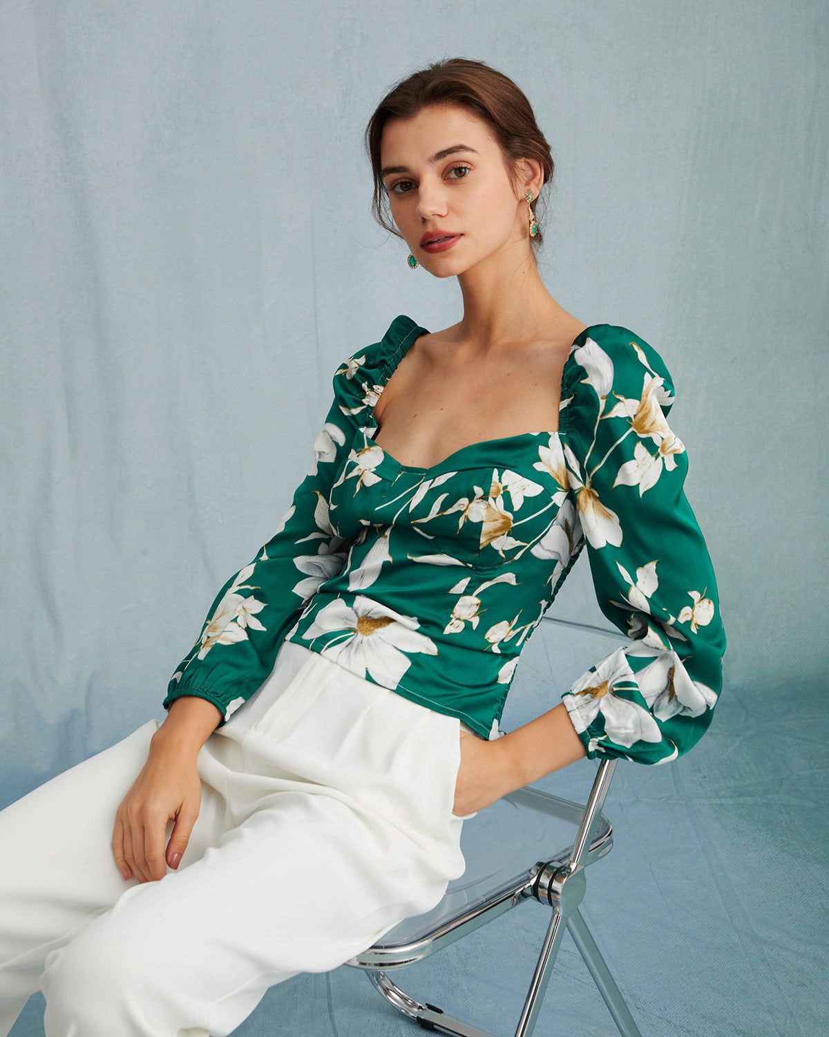 The Green Sweetheart Neck Floral Puff Sleeve Blouse sold by rihoas product image thumbnail 4
