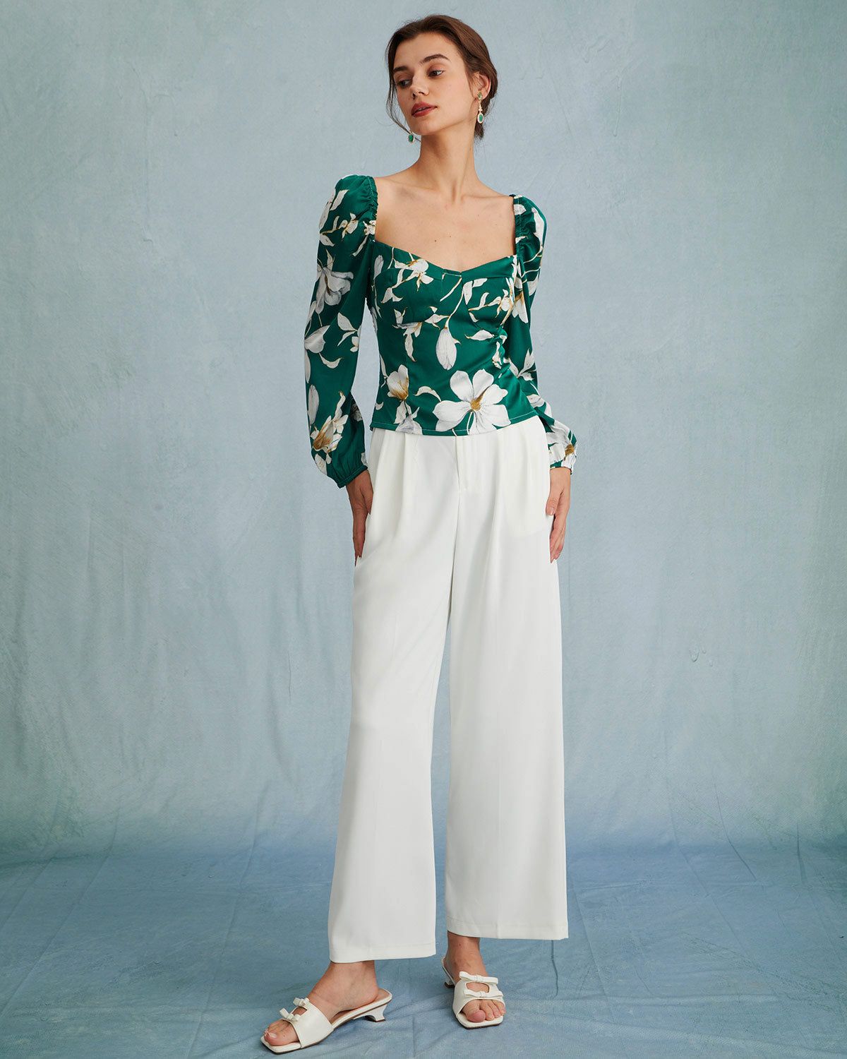 The Green Sweetheart Neck Floral Puff Sleeve Blouse sold by rihoas product image thumbnail 5