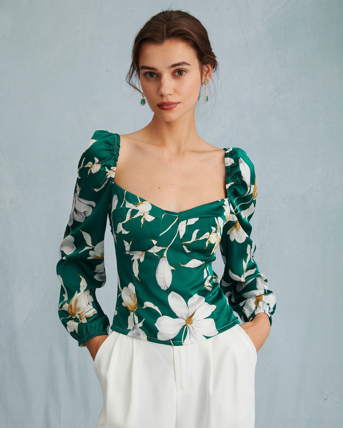 The Green Sweetheart Neck Floral Puff Sleeve Blouse sold by rihoas