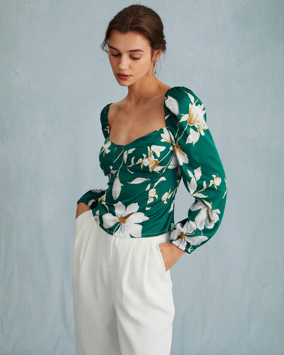 The Green Sweetheart Neck Floral Puff Sleeve Blouse sold by rihoas product image thumbnail 3