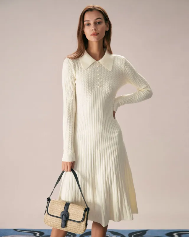 The Apricot Lapel A-Hem Sweater Midi Dress sold by rihoas