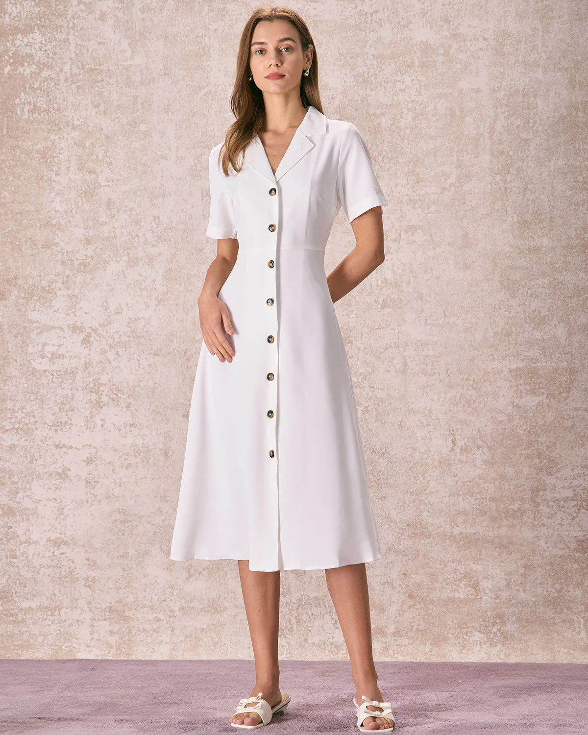 The White Lapel Button Down Slit Shirt Midi Dress sold by rihoas product image thumbnail 4