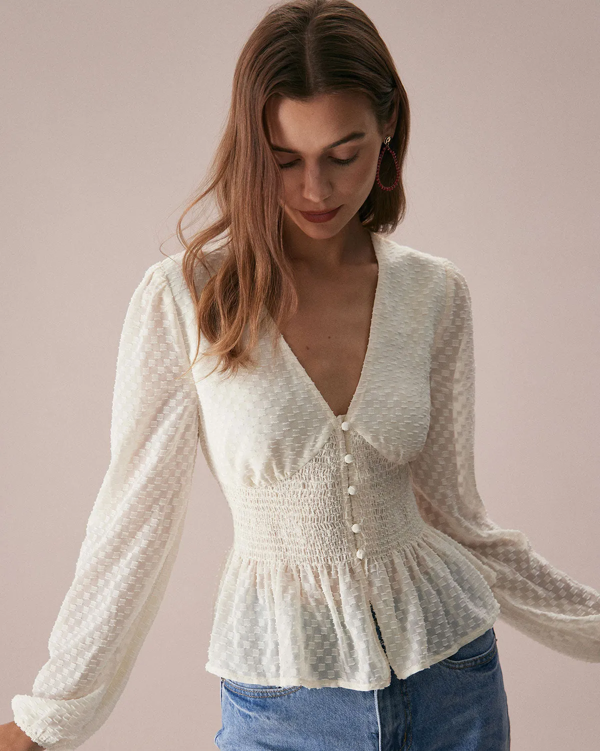 The Beige V Neck Ruffle Lantern Sleeve Blouse sold by rihoas product image thumbnail 4