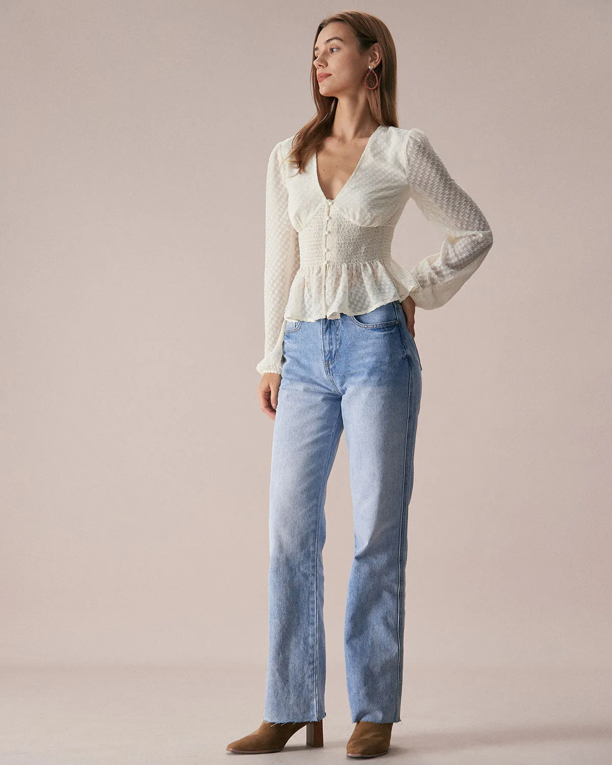 The Beige V Neck Ruffle Lantern Sleeve Blouse sold by rihoas product image thumbnail 5