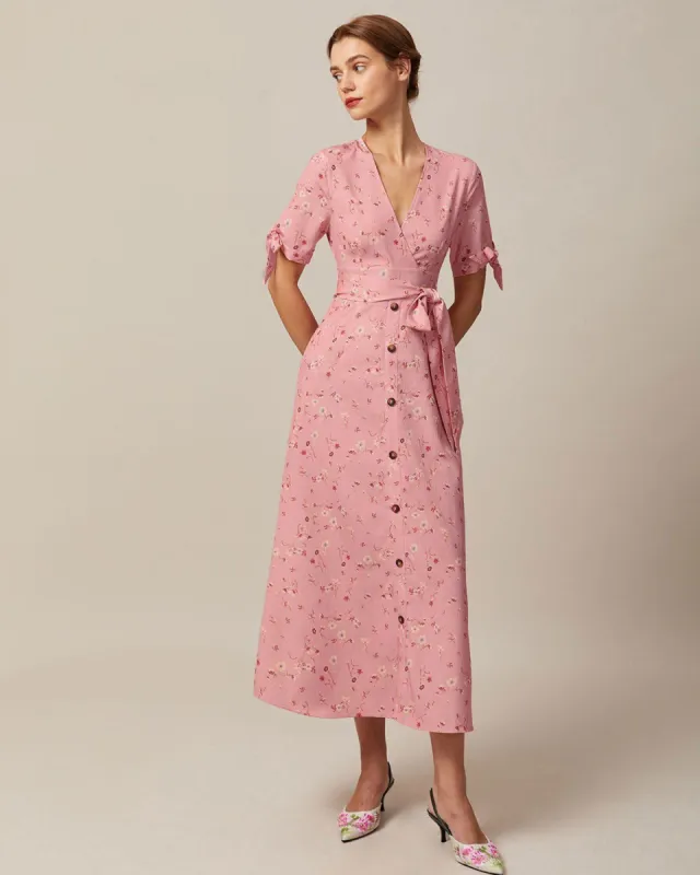 The Pink V Neck Floral Tie Waist Maxi Dress sold by rihoas
