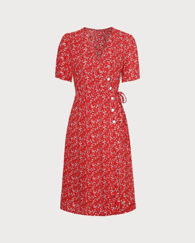 The Red V Neck Floral Puff Sleeve Midi Dress sold by rihoas