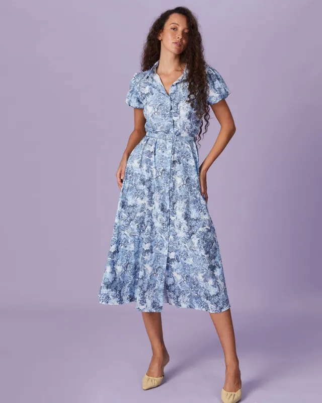 The Blue Belted Floral Button Shirt Midi Dress sold by rihoas