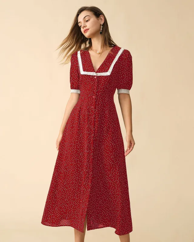 The Red Polka Dot Lace Trim Midi Dress sold by rihoas