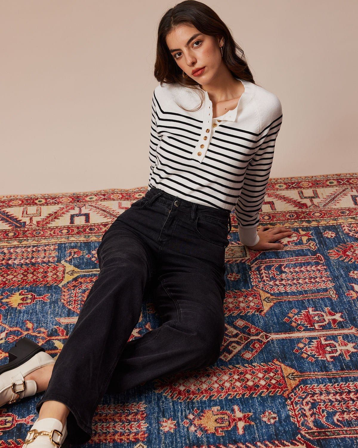 The White Round Neck Striped Button Sweater sold by rihoas product image thumbnail 4