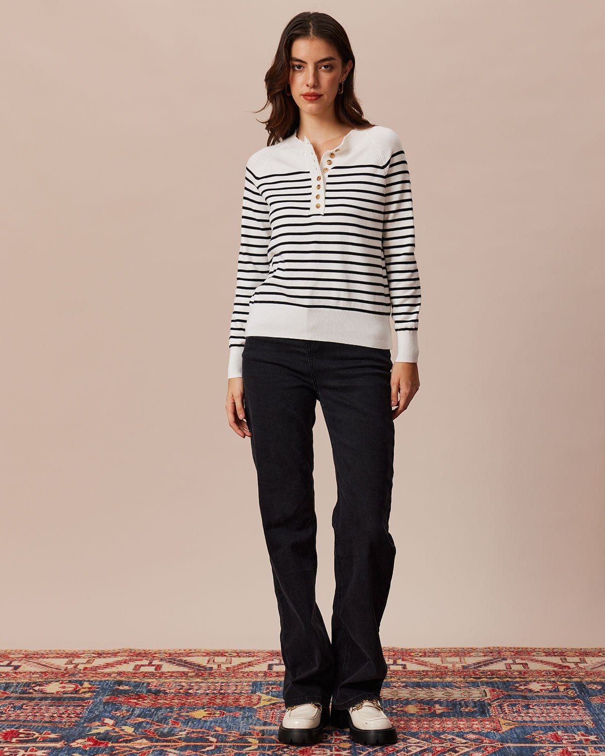 The White Round Neck Striped Button Sweater sold by rihoas product image thumbnail 2