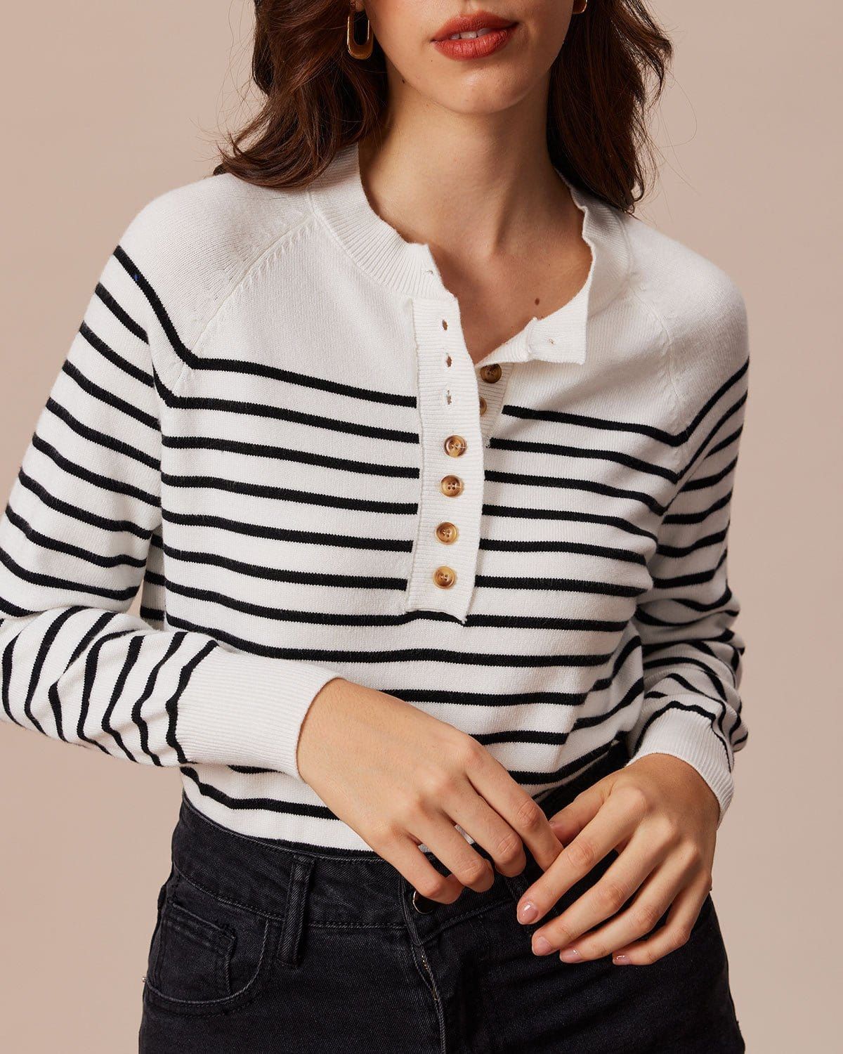 The White Round Neck Striped Button Sweater sold by rihoas product image thumbnail 3