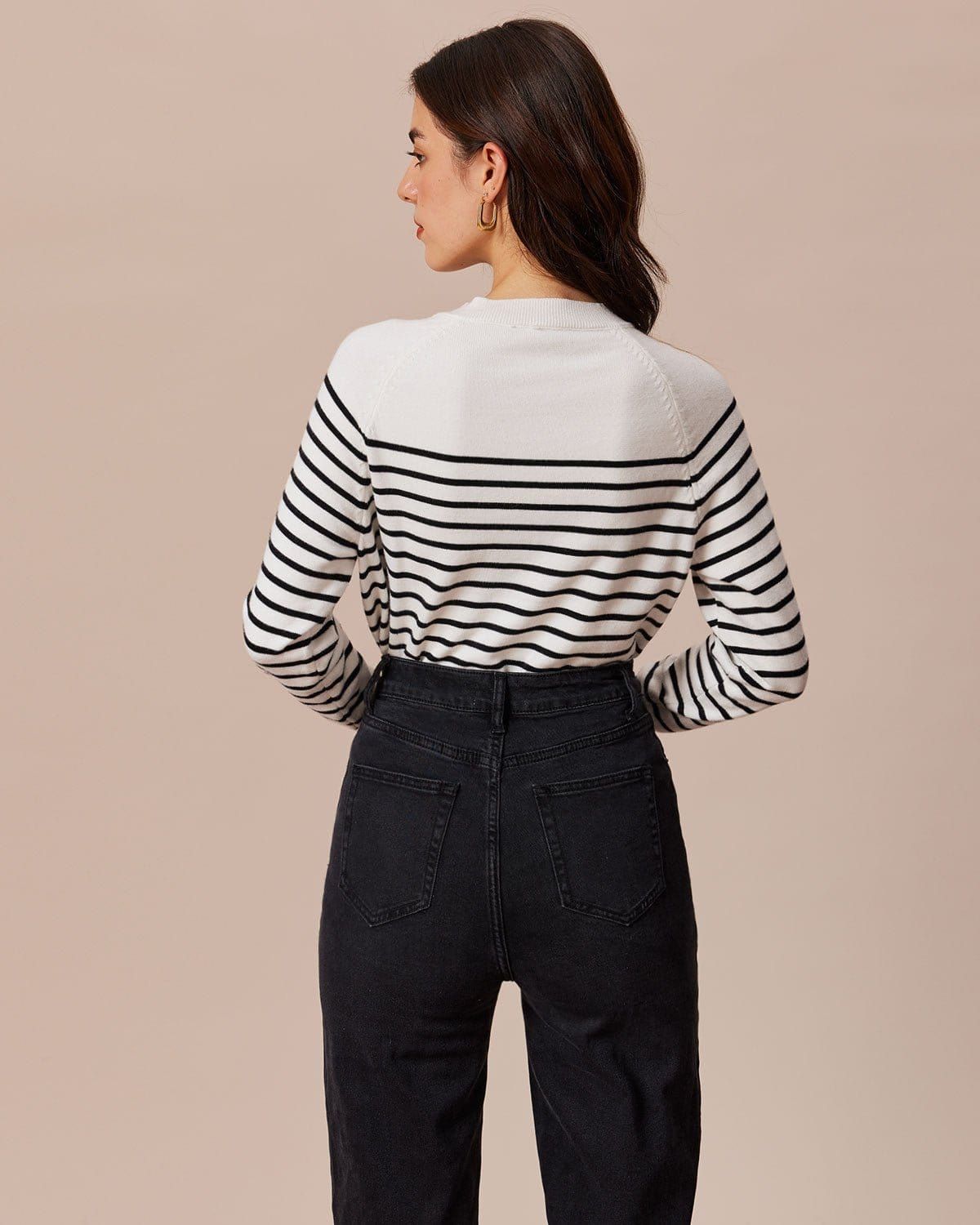 The White Round Neck Striped Button Sweater sold by rihoas product image thumbnail 5
