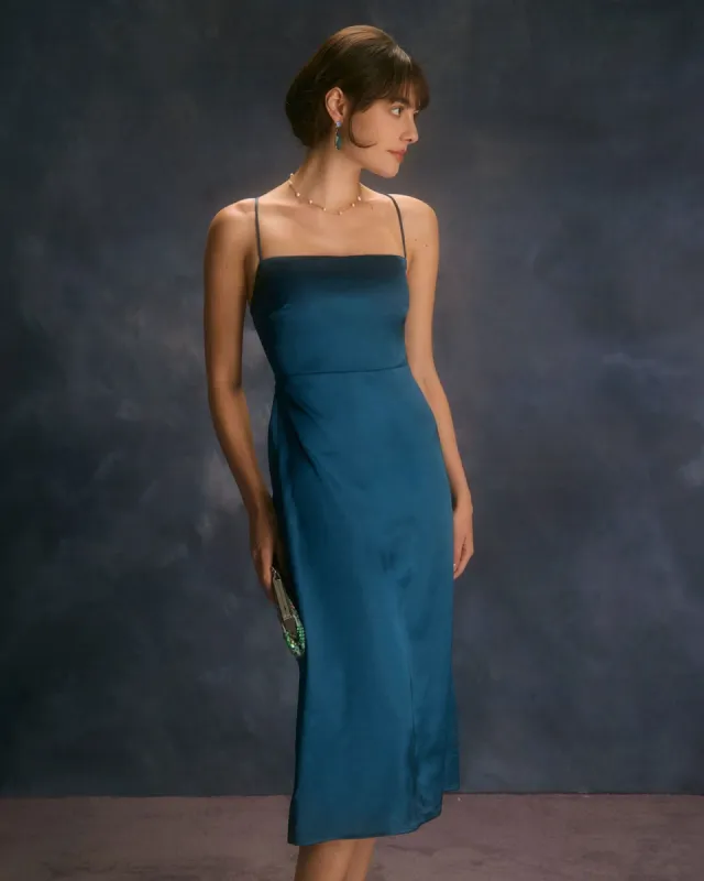 The Navy Square Neck Satin Slip Midi Dress sold by rihoas