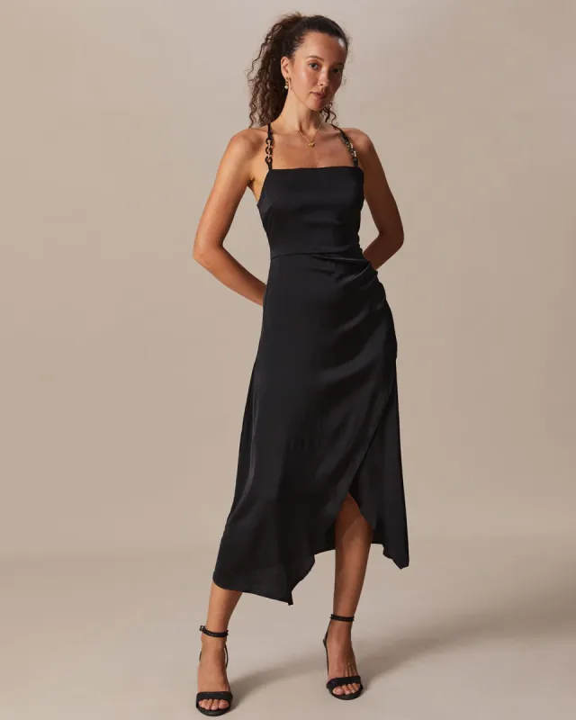 The Black Criss-Cross Back Satin Maxi Dress sold by rihoas