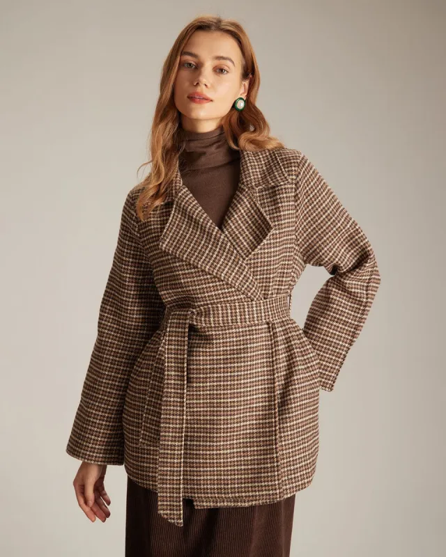The Khaki Lapel Plaid Lace Up Belted Coat sold by rihoas