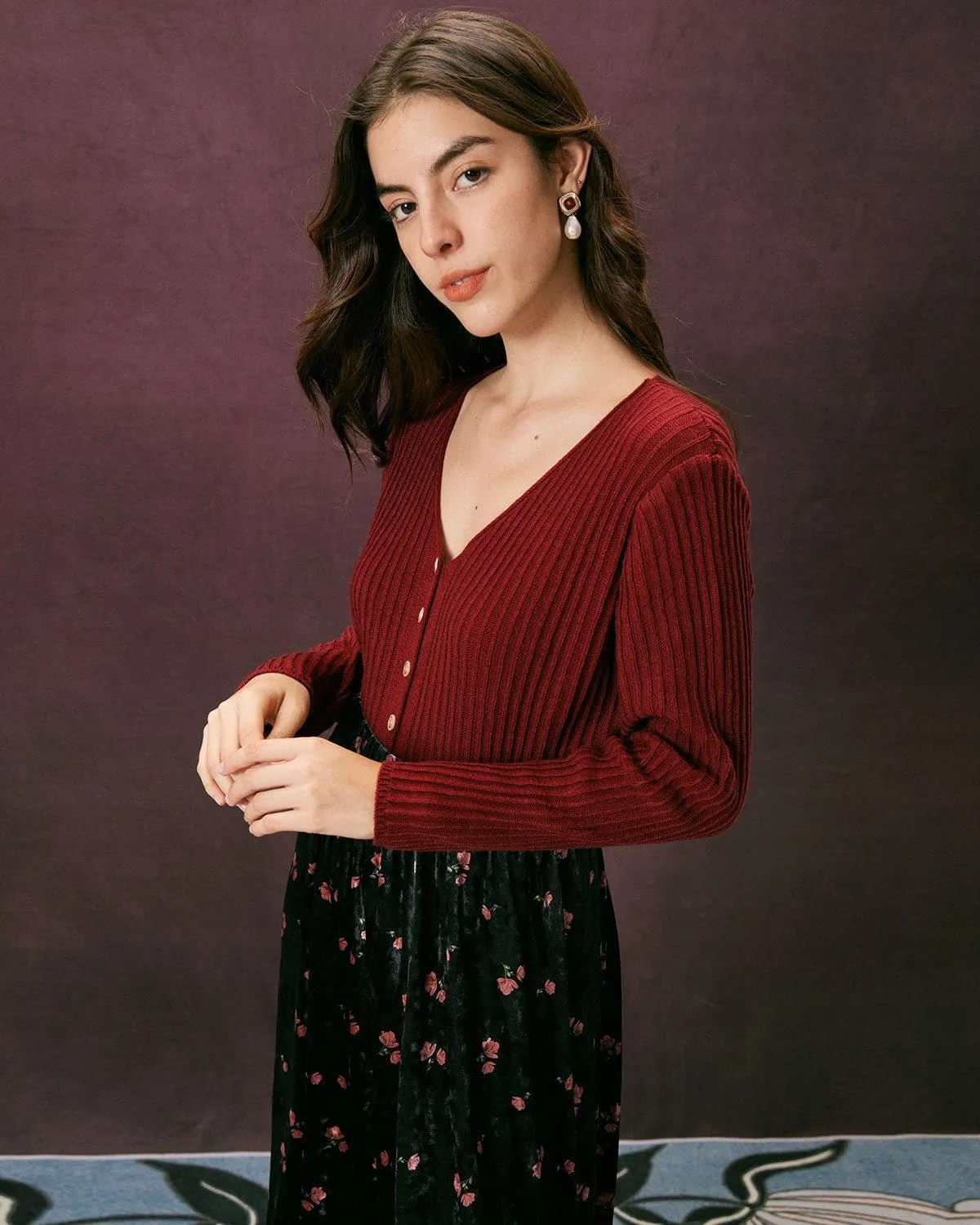 The Red V Neck Ribbed Long Sleeve Cardigan sold by rihoas product image thumbnail 4