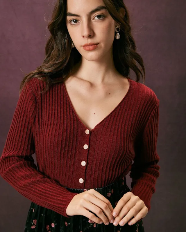 The Red V Neck Ribbed Long Sleeve Cardigan sold by rihoas