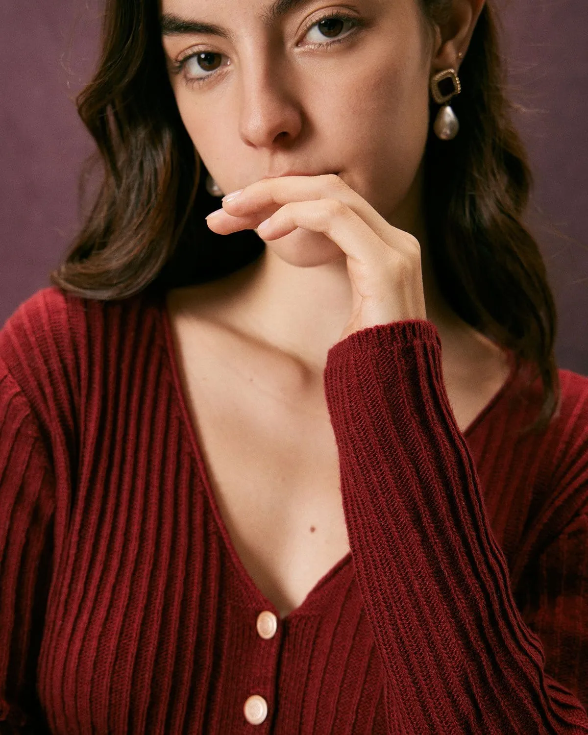 The Red V Neck Ribbed Long Sleeve Cardigan sold by rihoas product image thumbnail 5