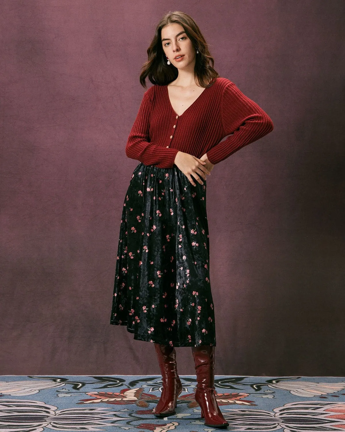 The Red V Neck Ribbed Long Sleeve Cardigan sold by rihoas product image thumbnail 2