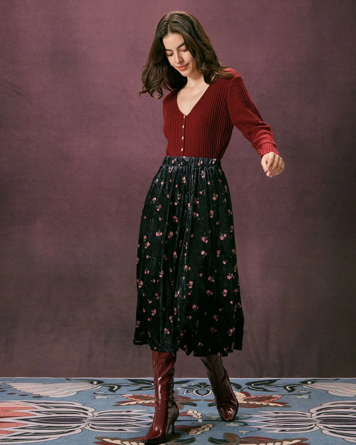 The Red V Neck Ribbed Long Sleeve Cardigan sold by rihoas product image thumbnail 3