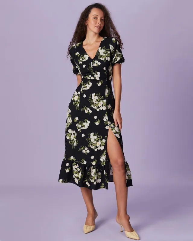 The Black V Neck Floral Puff Sleeve Midi Dress sold by rihoas