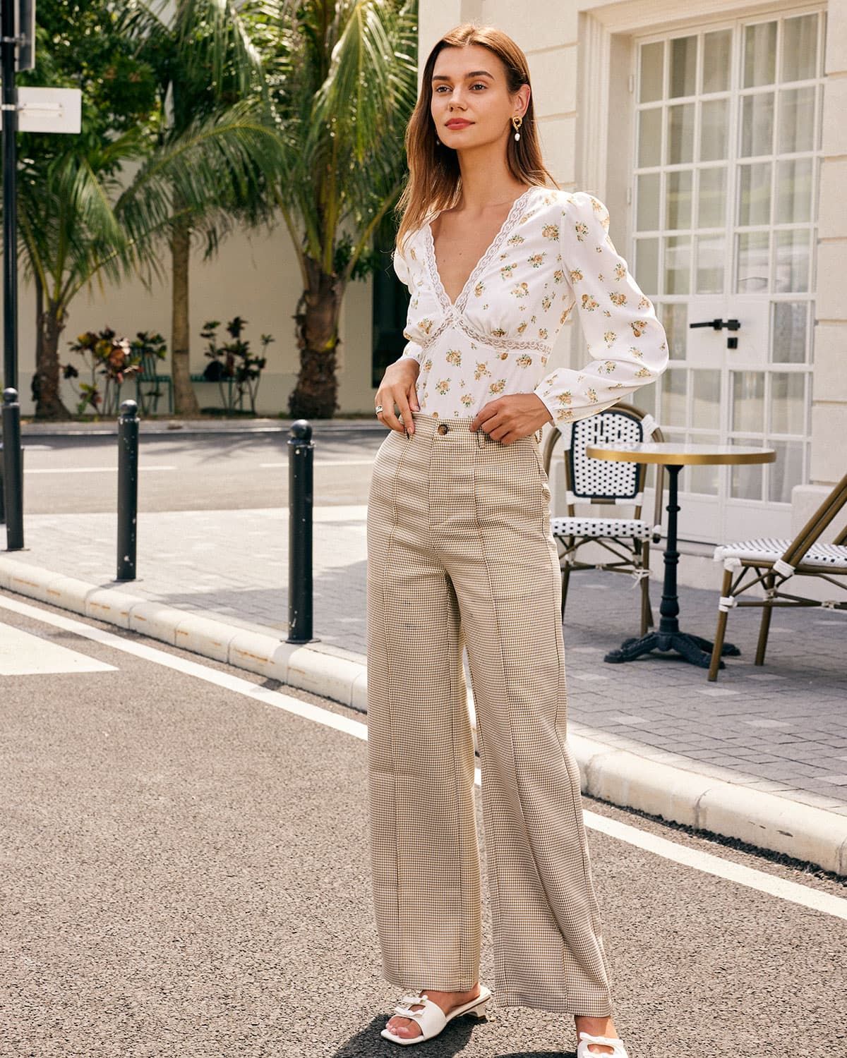 The Khaki High Waisted Plaid Straight Pants sold by rihoas product image thumbnail 7