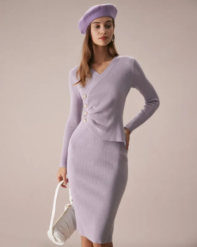 The Purple V Neck Bodycon Sweater Midi Dress sold by rihoas