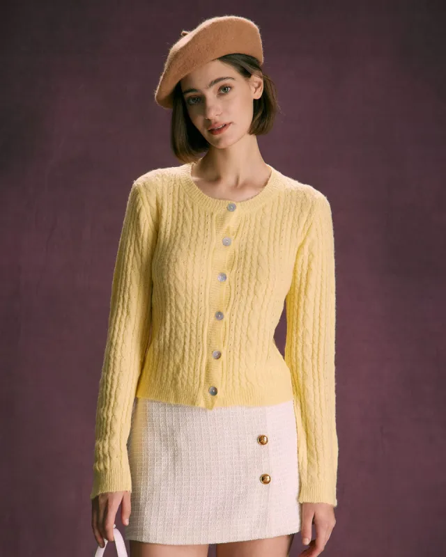 The Yellow Round Neck Cable Ribbed Cardigan sold by rihoas