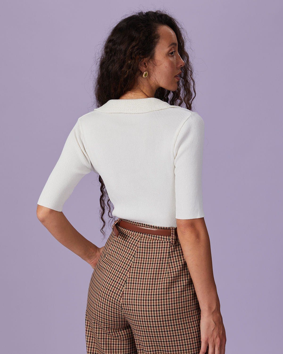 The Beige Lapel Ribbed Short Sleeve Knit Top sold by rihoas product image thumbnail 5