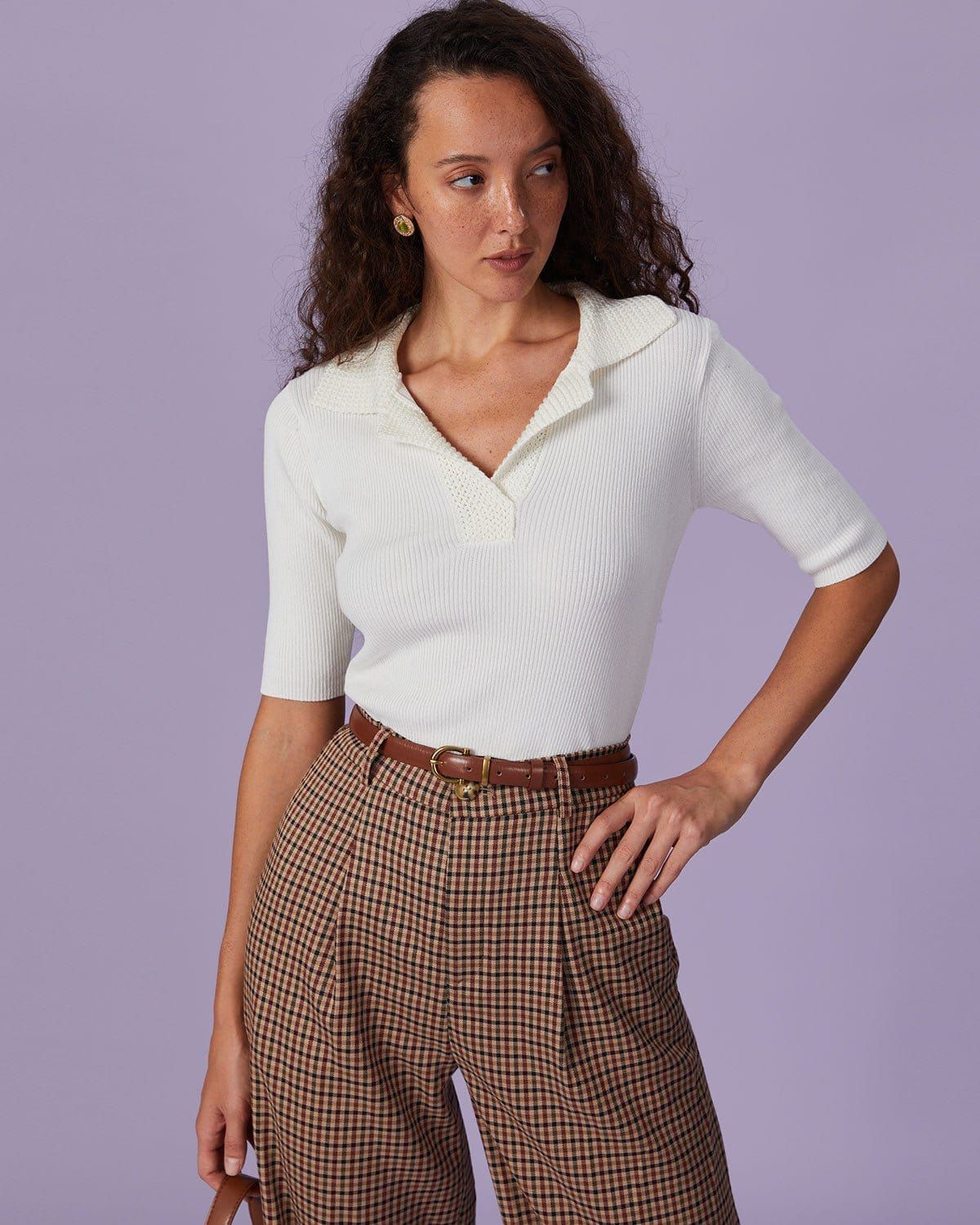 The Beige Lapel Ribbed Short Sleeve Knit Top sold by rihoas product image thumbnail 4