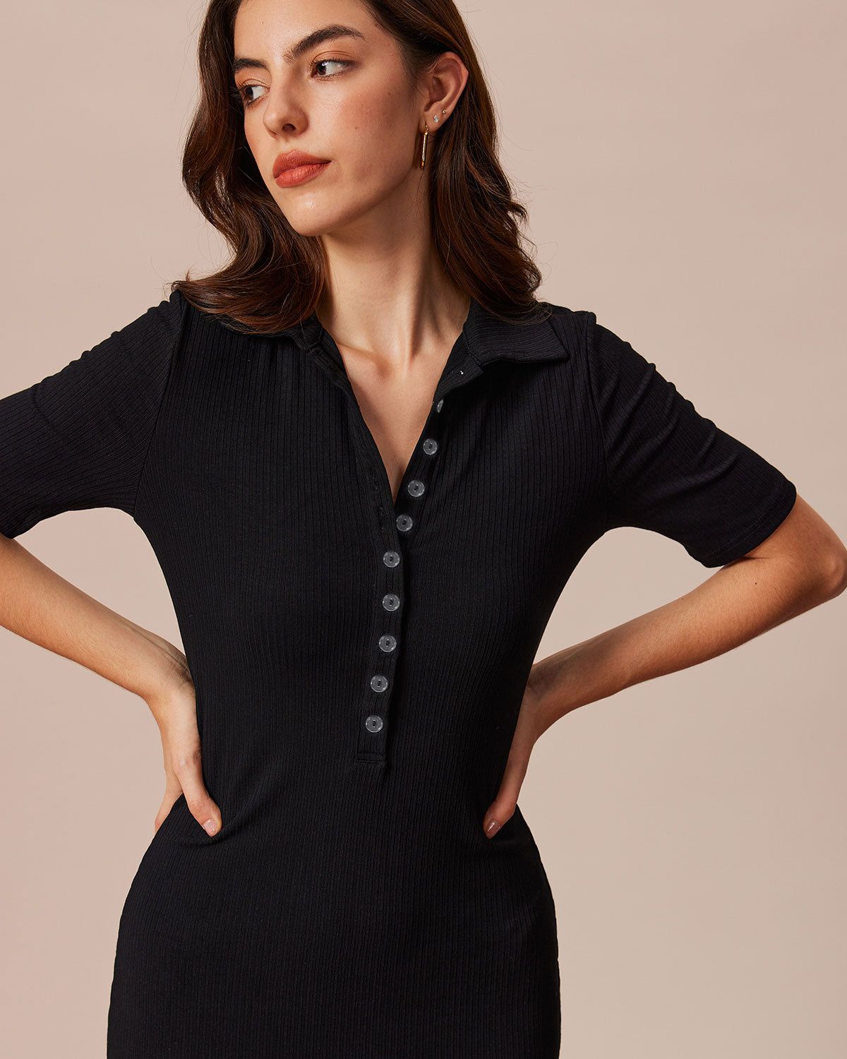 The Black Lapel Button Up Knit Midi Dress sold by rihoas product image thumbnail 4