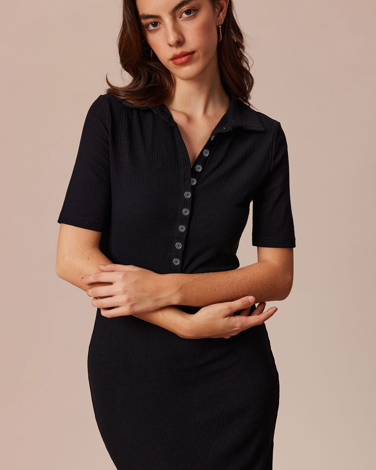 The Black Lapel Button Up Knit Midi Dress sold by rihoas product image thumbnail 3