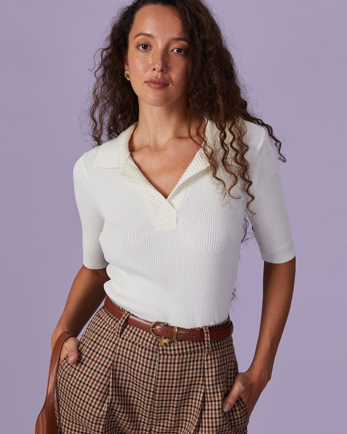 The Beige Lapel Ribbed Short Sleeve Knit Top sold by rihoas