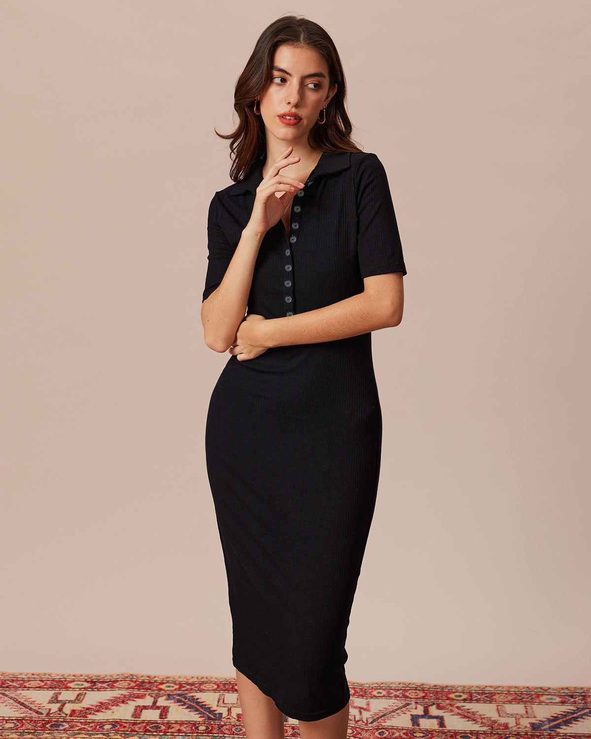 The Black Lapel Button Up Knit Midi Dress sold by rihoas product image thumbnail 2