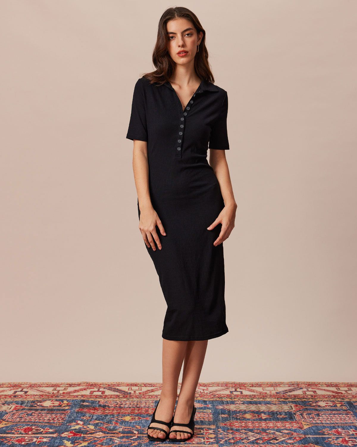 The Black Lapel Button Up Knit Midi Dress sold by rihoas