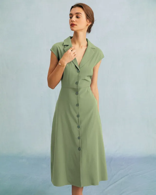 The Green V Neck Button Cap Sleeve Midi Dress sold by rihoas
