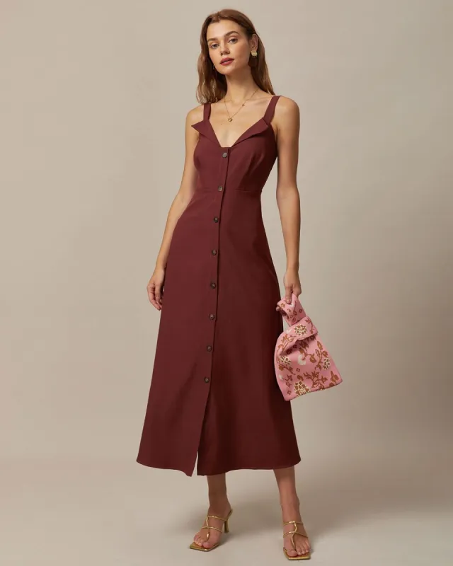 The Brown V Neck Button Front Maxi Dress sold by rihoas