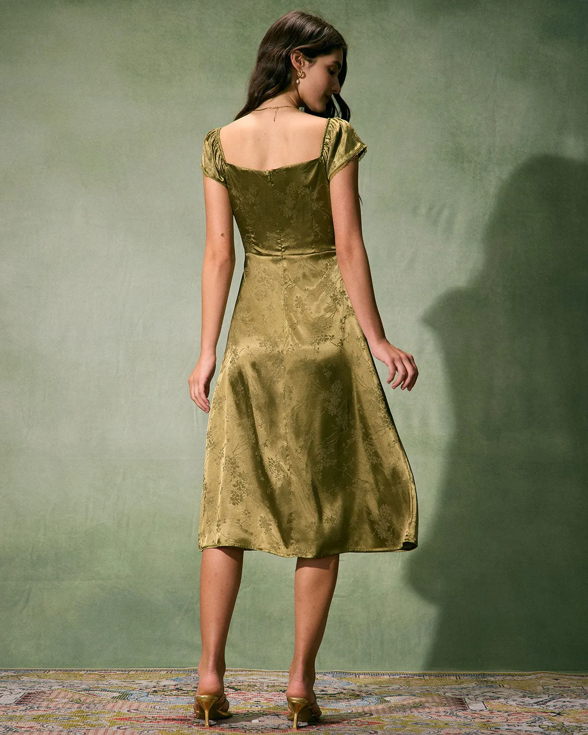 The Green Satin Jacquard Side Split Midi Dress sold by rihoas product image thumbnail 5