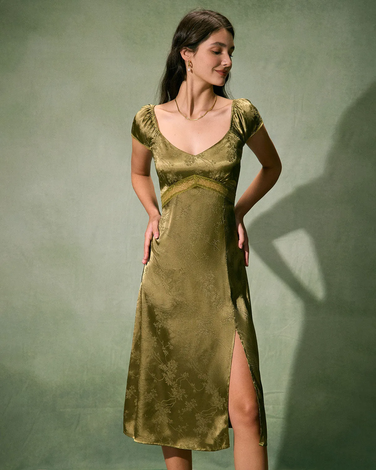 The Green Satin Jacquard Side Split Midi Dress sold by rihoas product image thumbnail 3